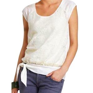 Anthropologie Vanessa Virginia White Cream Lace Knotted Riley Tee, Size Small